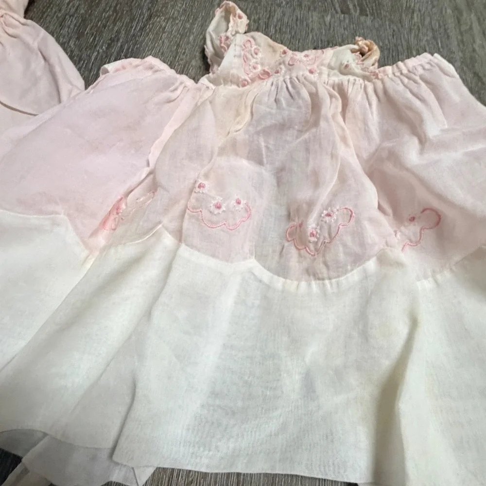 Vintage Cherubs Handmade Baby Dress and Pinafore Set Pink Embroidered Size L